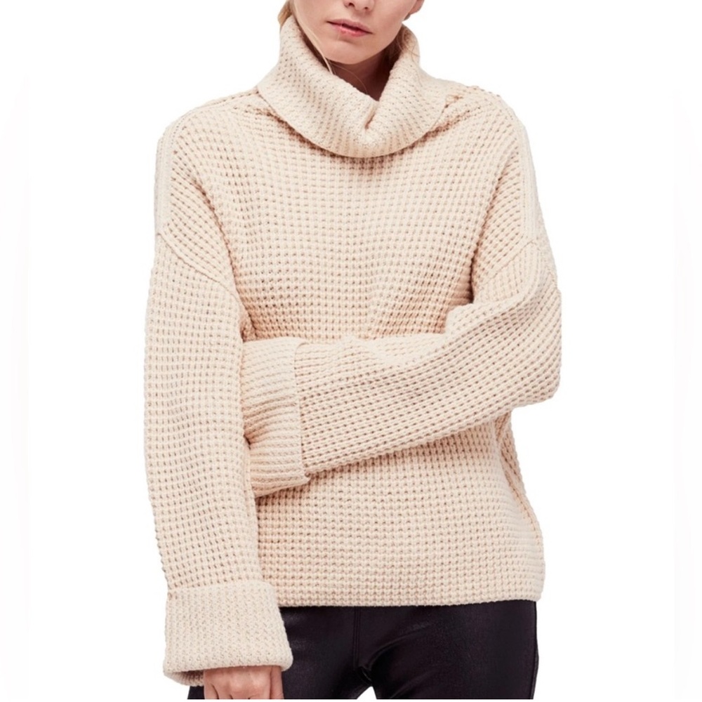 Free People Park City Beige Chunky Knit Cotton Cowl Neck Oversized Sweater Small